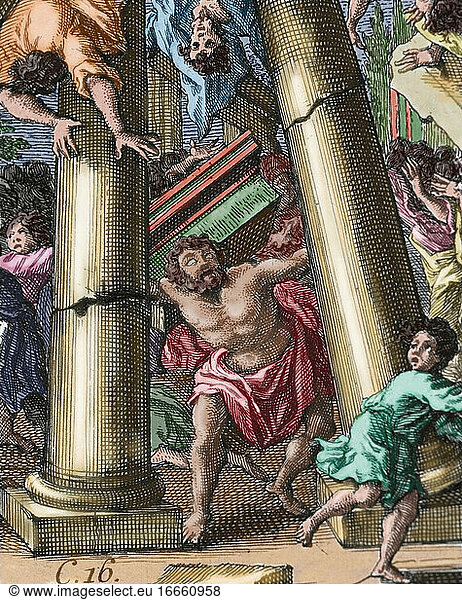 Samson zerstört den Tempel des Dagon. Buch der Richter. Kapitel 16. Kupferstich. Koloriert.