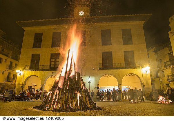 San Miguel bonfire festival at main square Mora de Rubielos village Teruel Aragon Spain