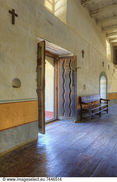 Sanctuary Door  hardwood floors  stations of the cross  thick adobe brick walls  Mission La Purisima State Historic Park  Lompoc  California  Founded in 1787  the eleventh mission of the twenty-one Spanish Missions established in California
