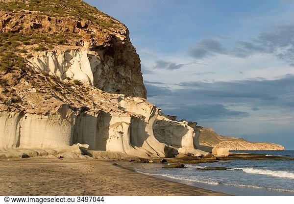 sandstone cliffs in En medio hold Agua Amarga Cabo de Gata Natural Park   Almeria  Andalusia  Spain  Europe