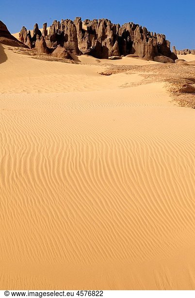 sandstone rock formation at Tin Akachaker  Tassili du Hoggar  Wilaya Tamanrasset  Algeria  Sahara desert  North Africa