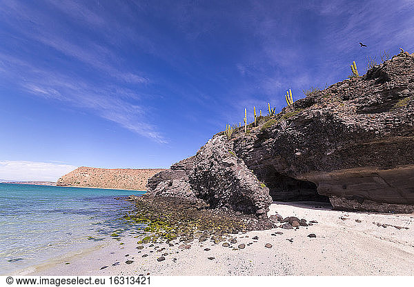 Sandy beach and rocky cliff  Isla Espiritu  Mexico.