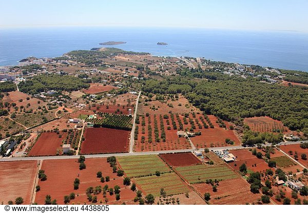 Santa Eularia del Riu hinterland,  S´Argamassa area,  Santa Eularia and Rodona Island on top,  Es Canar on the right,  Ibiza,  Balearic Islands,  Spain