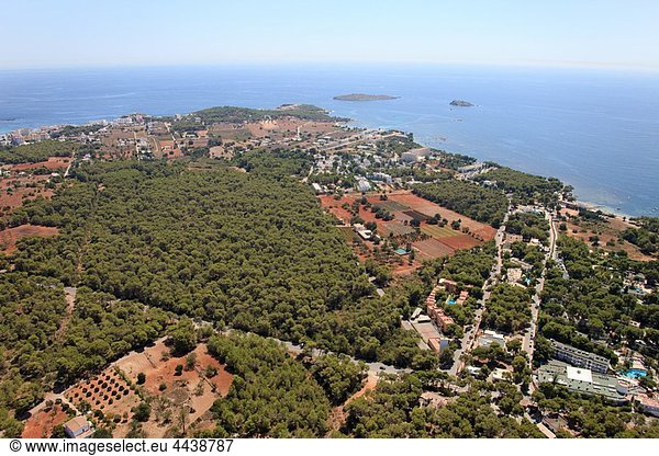 Santa Eularia del Riu hinterland  S´Argamassa area  Cala Pada on the right  Santa Eularia and Rodona Islands on top  Ibiza  Balearic Islands  Spain