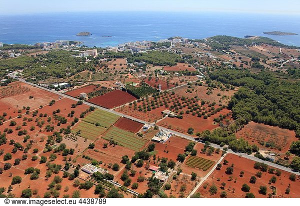 Santa Eularia del Riu hinterland  S´Argamassa area  Santa Eularia Island on the right  Es Canar and Es Canar Island on top  Ibiza  Balearic Islands  Spain