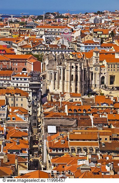Santa Justa Lift or Carmo Lift  apse of the Carmo Convent  Baixa Pombalina from Lisbon castle  Lisbon  Portugal  Europe.