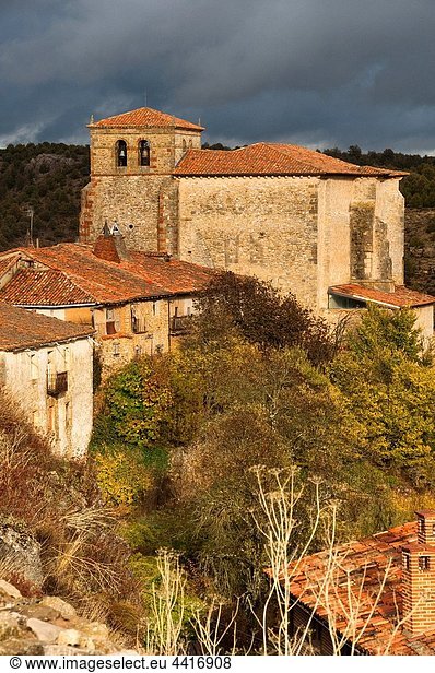 Santa María del Castillo facade church Calatañazor is a Mediaeval village located in Soria  near of Burgo de Osma Soria  Spain  Europe