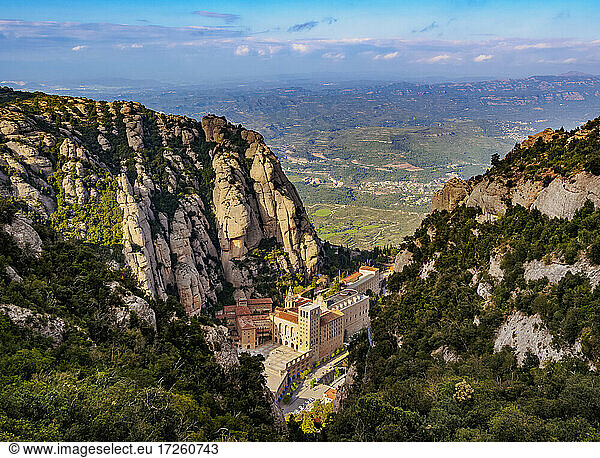 Santa Maria de Montserrat Abbey  elevated view  Montserrat mountain range near Barcelona  Catalonia  Spain  Europe