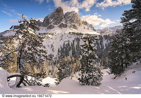 Sass de Putia at sunset in winter season  Erbe pass in Trentino. Italy