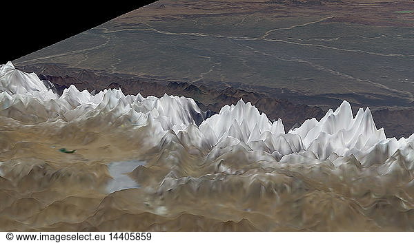 Satellite a view of the Himalayas  looking south from the Tibetan Plateau to the Ganges Basin of India in the background. Credit: NASA. Mountain Rock Ice Geology Asia