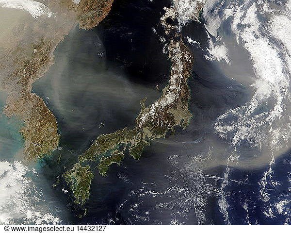 Satellite view of Japan with snow-covered mountains  Spring greening land at lower levels. Dust from mainland China blowing over the Sea of Japan  and out into the Pacific Ocean. Credit: NASA. Science Earth Erosion Geology