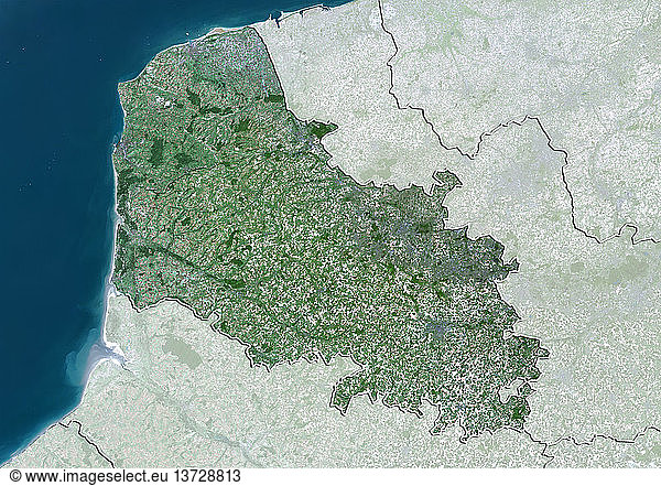 Satellite view of the departement of Pas-de-Calais  France. It borders the Strait of Dover in northern France. This image was compiled from data acquired by LANDSAT 5 & 7 satellites.