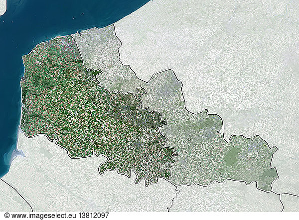 Satellite view of the departement of Pas-de-Calais in Nord-Pas-de-Calais  France. Relief map It borders the Strait of Dover in northern France. This image was compiled from data acquired by LANDSAT 5 & 7 satellites.