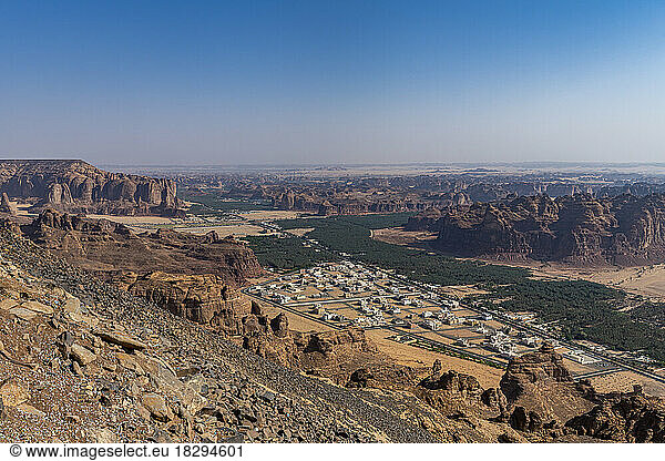 Saudi Arabia  Al-Ula  View of vast oasis stretching along desert valley