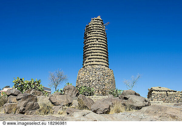 Saudi Arabia  Asir  Abha  Desert tower standing against clear blue sky
