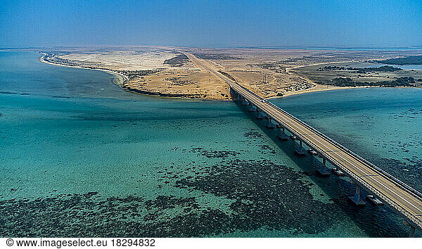 Saudi Arabia  Jazan Province  Aerial view of bridge linking two islands in Farasan Islands archipelago