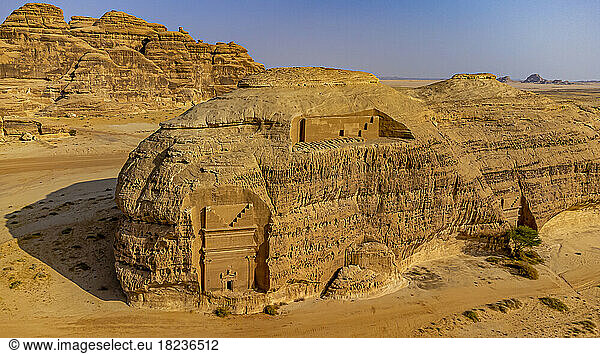 Saudi Arabia  Medina Province  Al Ula  Aerial view of ancient tomb in Mada?In Salih