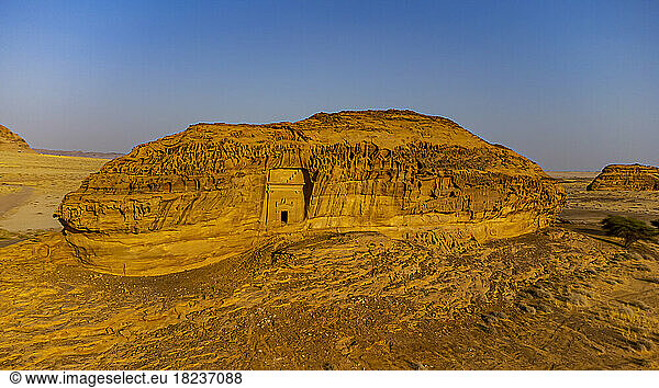 Saudi Arabia  Medina Province  Al Ula  Aerial view of ancient tomb in Mada?In Salih