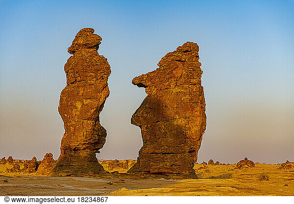 Saudi Arabia  Medina Province  Al Ula Â Algharameel pinnacles at dusk