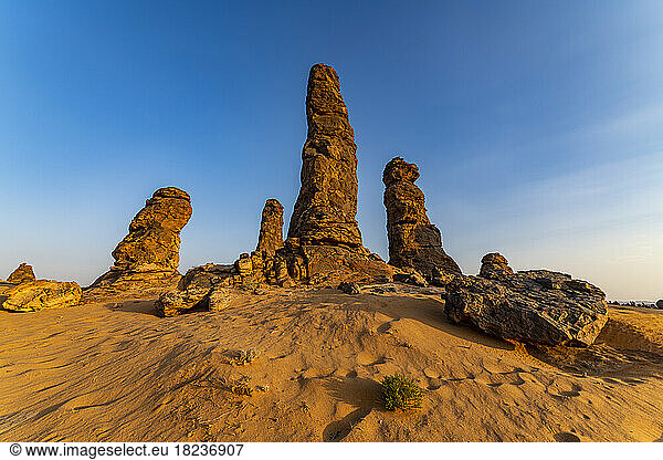 Saudi Arabia  Medina Province  Al Ula Â Algharameel pinnacles at dusk