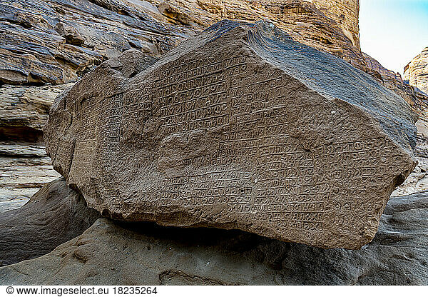 Saudi Arabia  Medina Province  Al Ula  Engraved boulder inÂ Jabal Ikmah