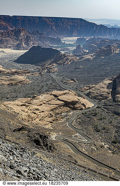 Saudi Arabia  Medina Province  Al Ula  Road winding through desert valley