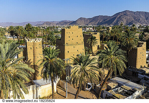 Saudi Arabia  Najran Province  Najran  Aerial view of traditional Arabic mud houses surrounded by palm trees