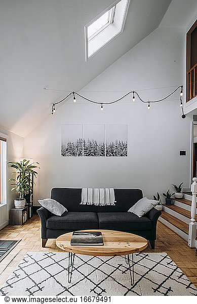 Scandinavian living room interior with couch coffee table and carpet