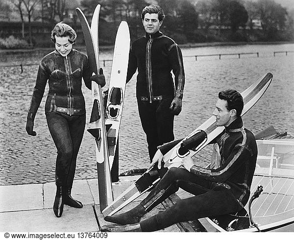 Scarborough  England: June  1960 Members of the Yorkshire Water Ski Club wearing their winter ski uniforms of ultra microcellular 3/16 inch Neoprene with rust proof non-jamming nickel-silver zips.
