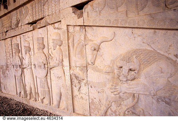 Scene from Persian mythology in the Apadana stairs  Persepolis  Iran