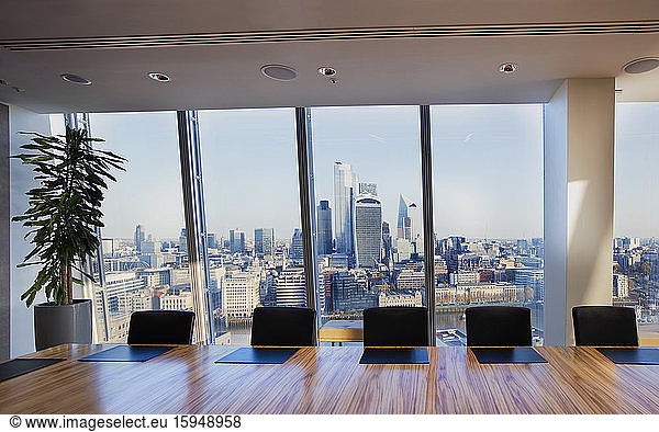 Scenic cityscape view from modern highrise conference room  London  UK