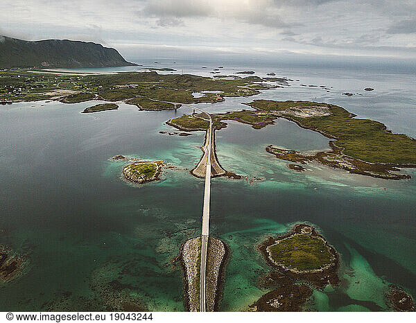 Scenic view of a bridge in Lofoten Islands in a Cloudy Day