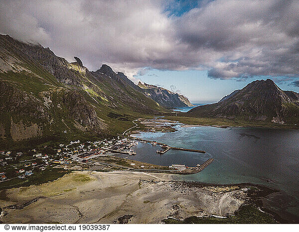 Scenic view of a city in Lofoten Islands in a Cloudy Day