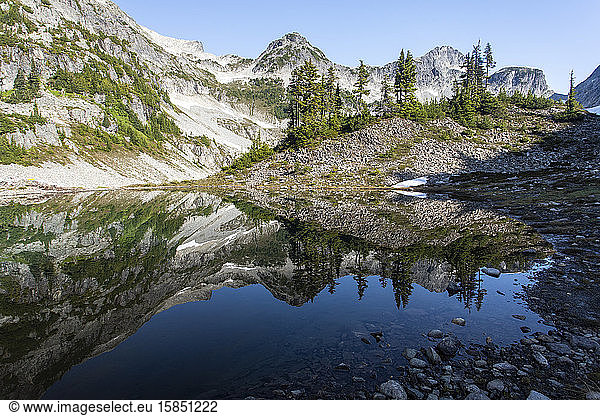 Scenic view of a mountain peak and its reflection on a lake.