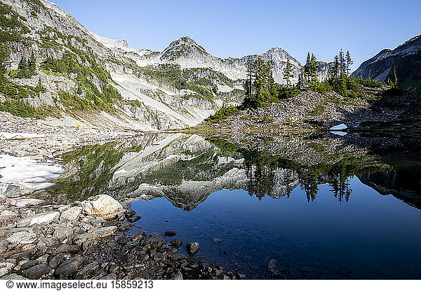 Scenic view of a mountain peak and its reflection on a lake.