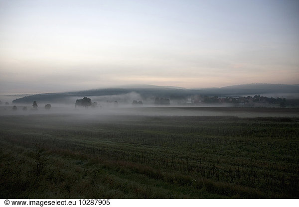 Scenic view of agricultural field during misty morning  Bavaria  Germany