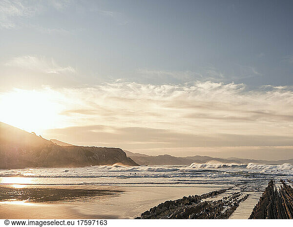 Scenic view of beach at sunset  Basque Coast Geopark  Basque Country  Spain