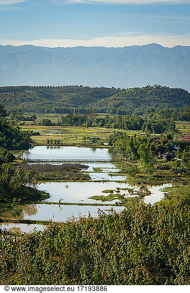 Scenic view of flooded rice field near Kengtung  Myanmar