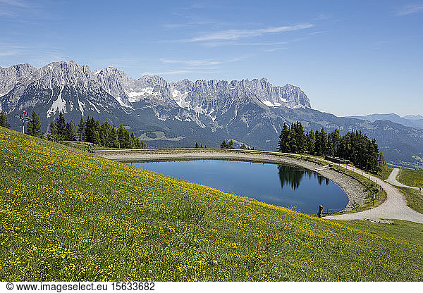 Scenic view of Hartkaiser lake against Kaiser Mountains  Tyrol  Austria