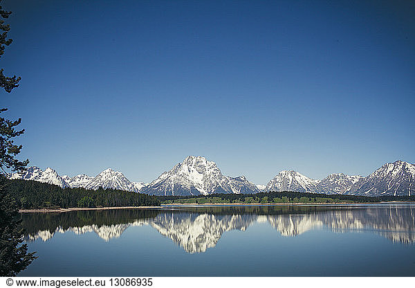 Scenic view of Jackson Lake and snowcapped mountains against clear blue sky
