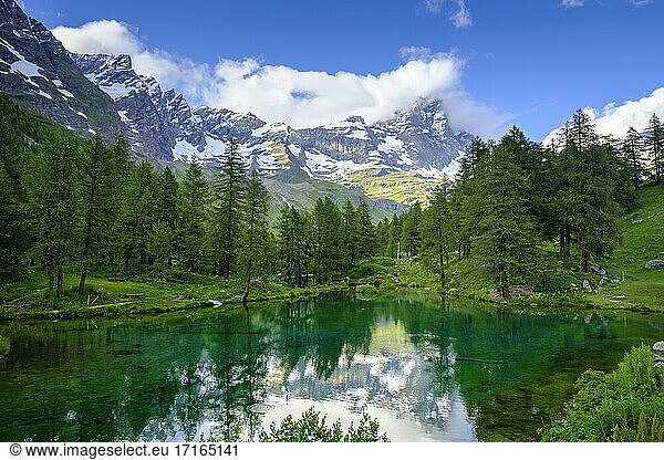 Scenic view of Lago Blu in spring with Matterhorn in background