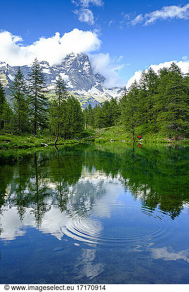 Scenic view of Lago Blu in spring with Matterhorn in background