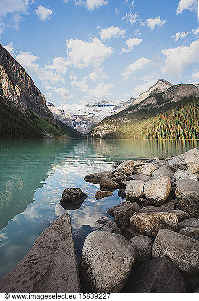 Scenic view of Lake Louise in the Rocky Mountains of Alberta.