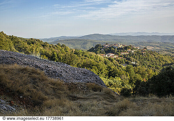 Scenic view of landscape with trees and buildings at Monterotondo Marittimo  Grosseto  Italy