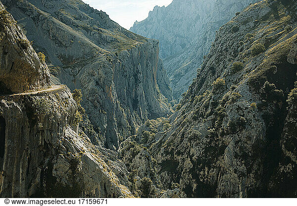 Scenic view of mountain range at Cares Trail in Picos De Europe National Park  Asturias  Spain