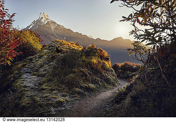 Scenic view of mountains against sky during sunrise at Mardi Himal trek