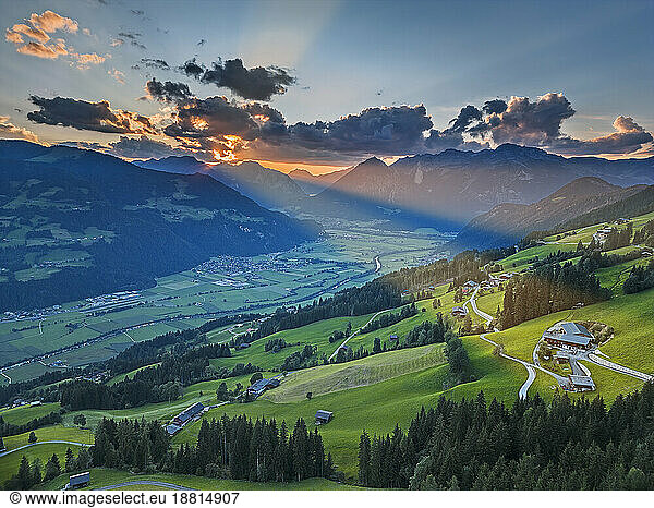 Scenic view of mountains and Zillertal valley at sunrise  Austria  Tyrol