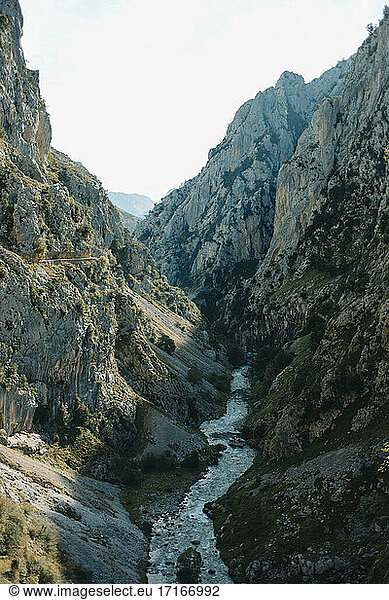 Scenic view of river flowing through mountains at Cares Trail in Picos De Europe National Park  Asturias  Spain