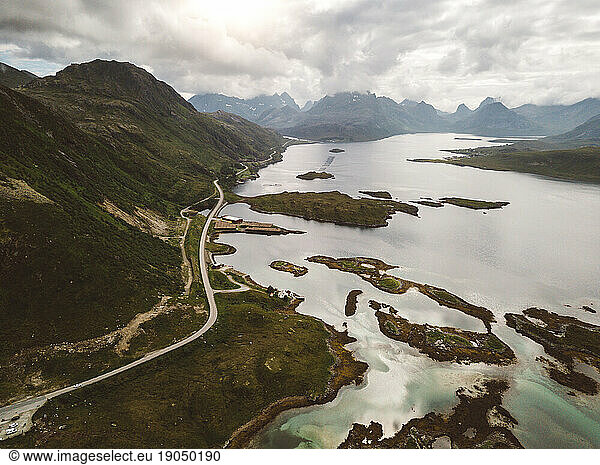 Scenic view of Roads in Lofoten Islands in a Cloudy Day