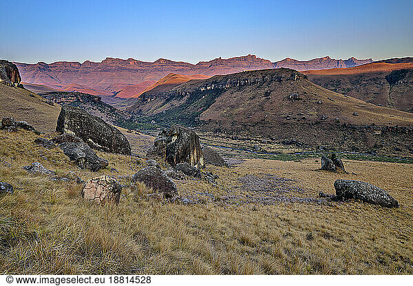 Scenic view of rocky mountains at sunrise in KwaZulu-Natal  Drakensberg  South Africa